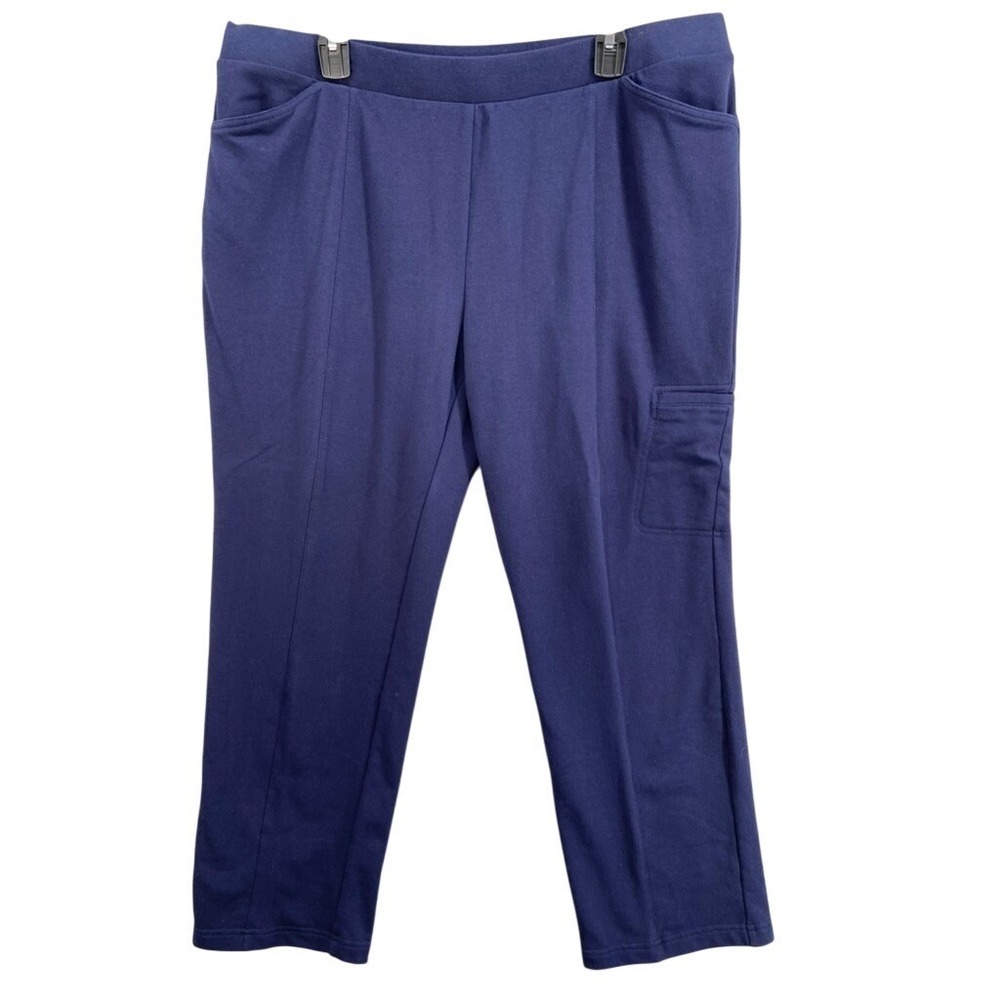 Weekends by Chicos Pants XL 16 Short Blue Knit Pull On Cargo Pockets Casual